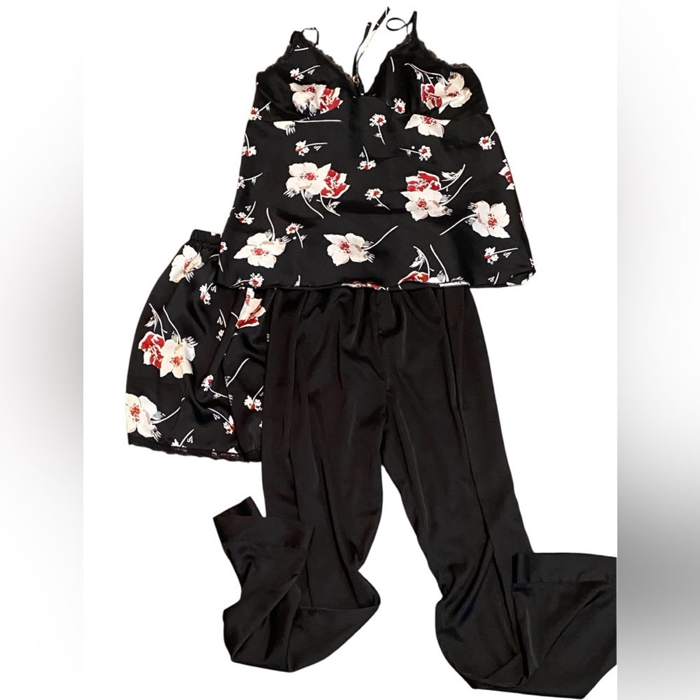 Satiny Pajama Set Floral Black White Red Medium